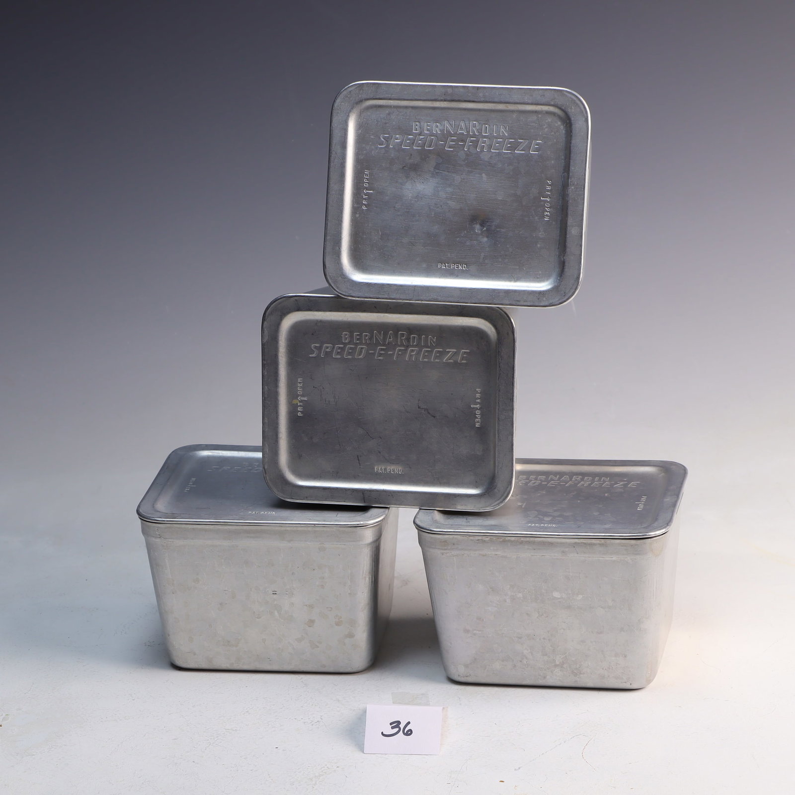 Four vintage Bernardin Speed and Freeze Aluminum Containers: Four vintage Bernardin Speed and Freeze Aluminum Containers 1950s, 5 ¼ X 4.5 X 3.5 inches tall