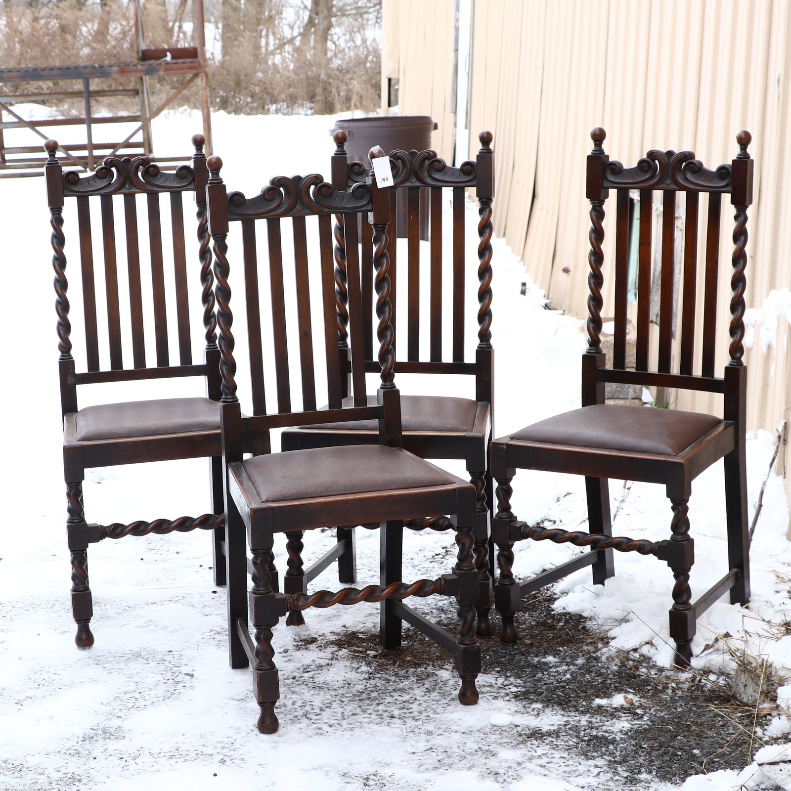 Four Antique Barley Twist Dining Chairs: Four Antique Barley Twist Dining Chairs back height 42.5 inches, seat height 19 inches, depth 16.5 inches, width 18 inches