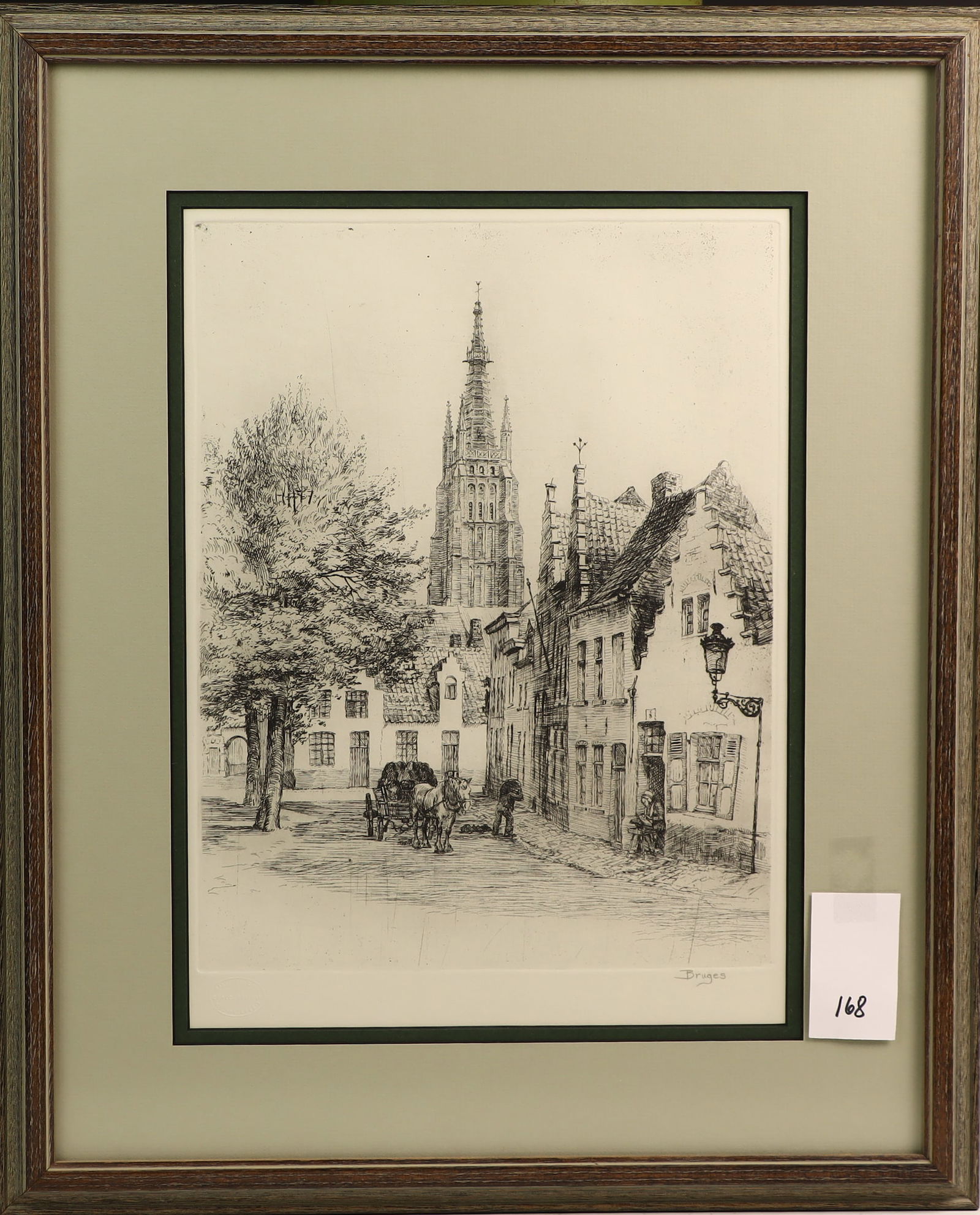 Bell Tower Brugge, Belgium by Bruges: Bell Tower Brugge, Belgium by Bruges, appears to be pencil signed 17X21 inches frame