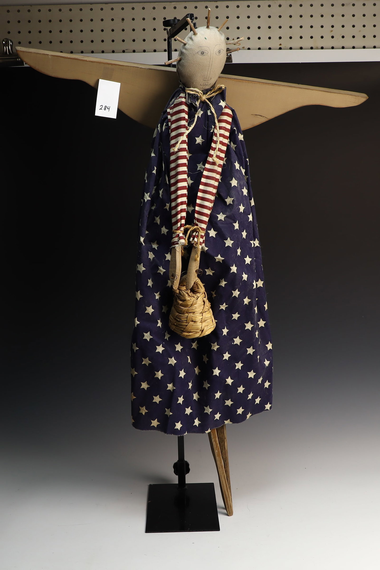 Handmade Patriotic Angel: Handmade Patriotic Angel wood and fabric stuffed doll, 27X41 inches