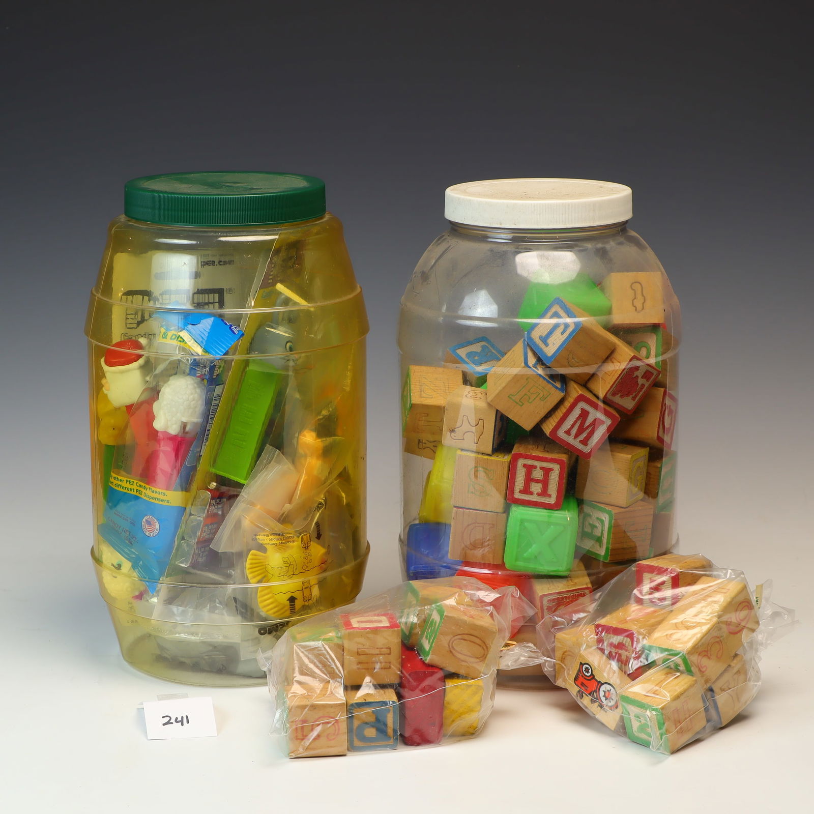 Pez dispensers and vintage wooden blocks: Pez dispensers and vintage wooden blocks