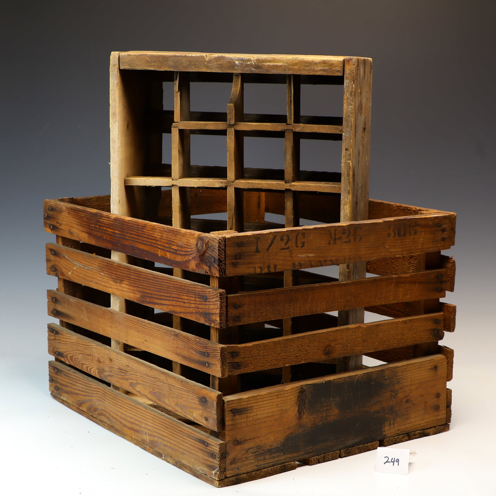 Two wooden old crates: Two wooden old crates 19X12.5X7.5 inches, 18X15X12 inches tall