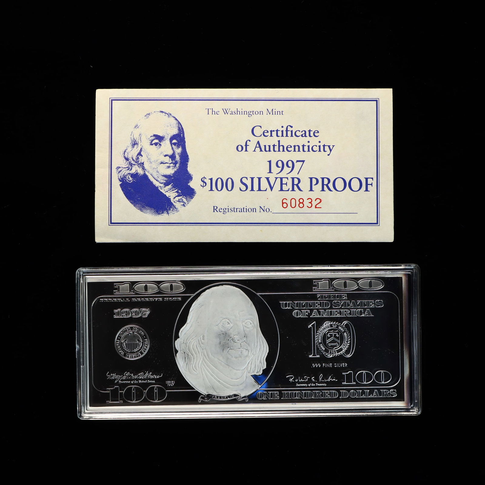 1997 $100 Franklin Silver Bar Proof 4 Troy Oz of .999 pure Silver (1 of 5)