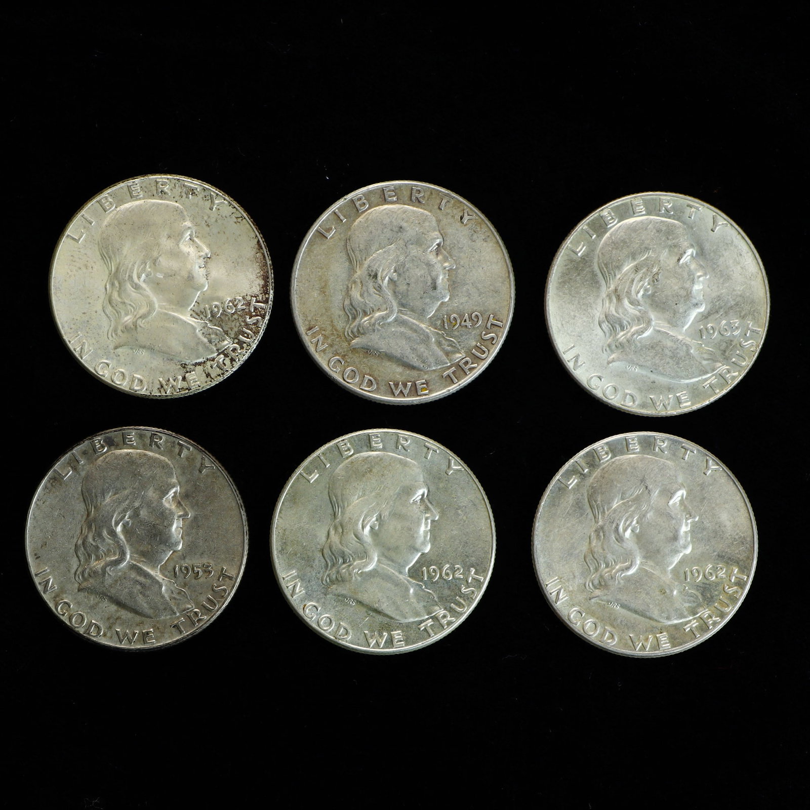 Lot of Six 90% Silver Ben Franklin Half Dollars (1 of 2)