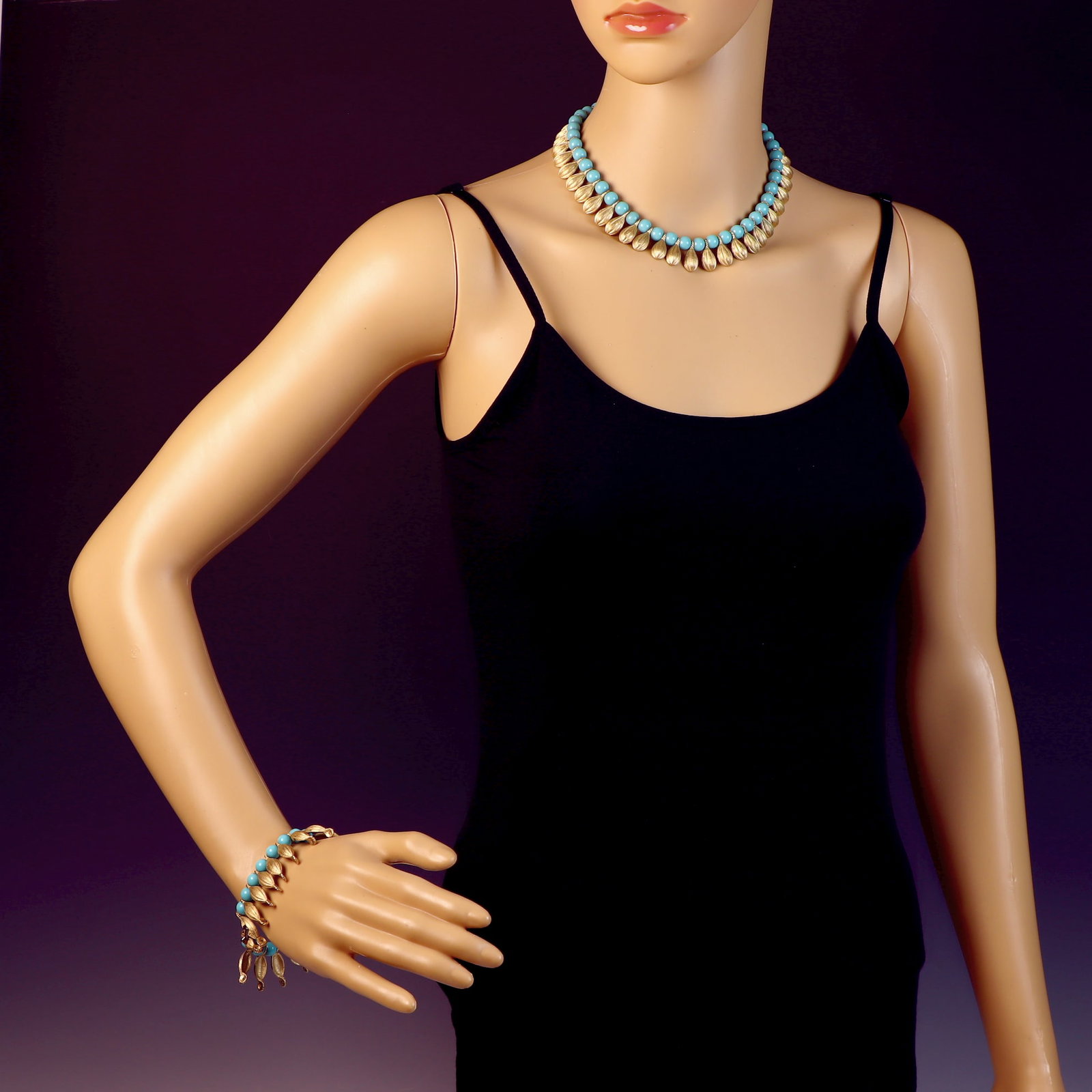 Lot of vintage jewelry: Lot of vintage jewelry, inclueds a rhinestone bracelet, matching Trifari faux turquoise necklace and bracelet, and other pieces
