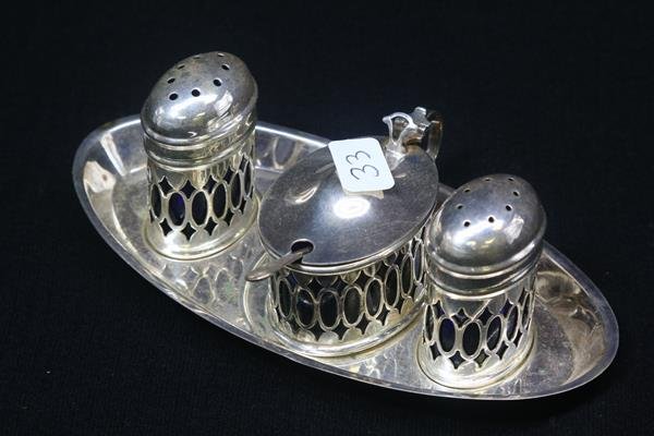 Sterling Silver Cobalt Glass Salt Pepper Set w/ Tray & (1 of 1)