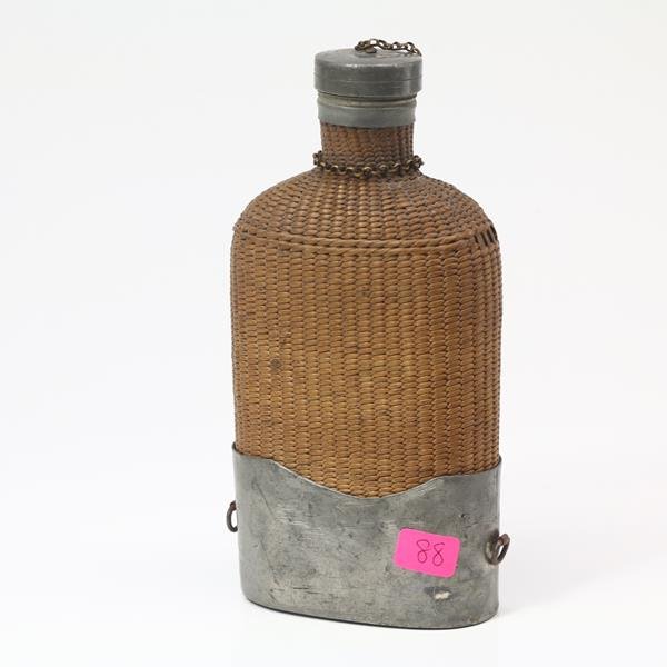 Civil War Era Wicker Rattan Covered Glass Flask Pewter (1 of 1)