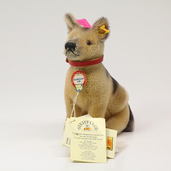 Steiff Miniature German Shepard Schaferhund 1936: with ear button, ribbon & hang tags 6 in. tall
