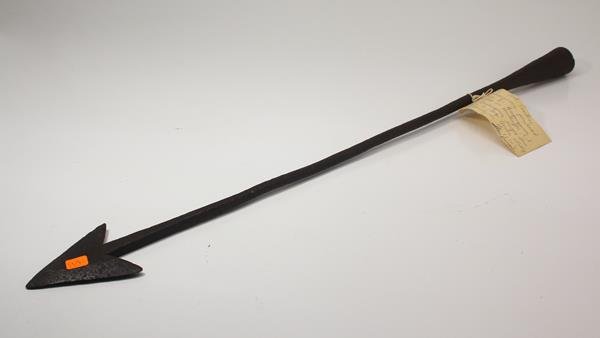 Antique 19th Century Whaling Wrought Iron Harpoon: arrow head whale spear harpoon 29 in. longNo markings on either harpoon, just a note from the current owner which we have pictured. They were purchased in 1920 from a whaling family in Sag Harbor and 