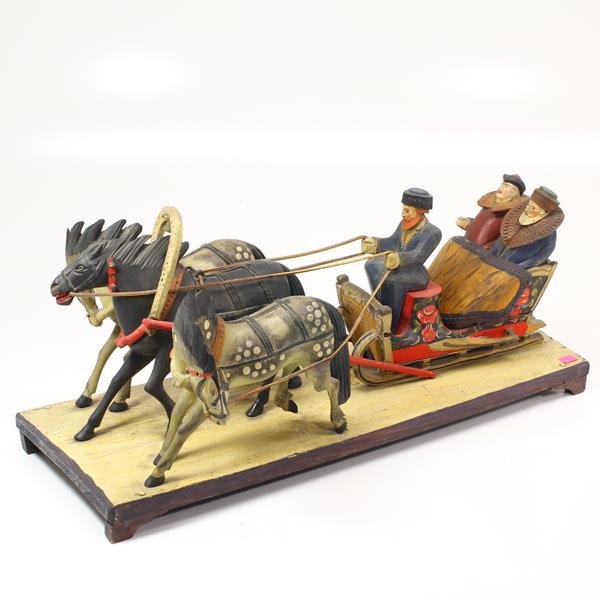 Antique Carved Wooden Russian Folk Art Troika Horse & (1 of 2)