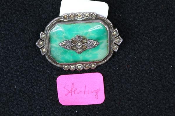 Vintage Sterling & Marcasite Art Deco Green Art Glass: mottled green Art Deco pin with sterling & marcasite,1 3/8 in. w