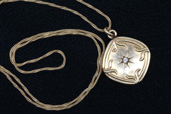 14K Yellow Gold Locket w/ Diamond, 14K Snake Chain (1 of 4)
