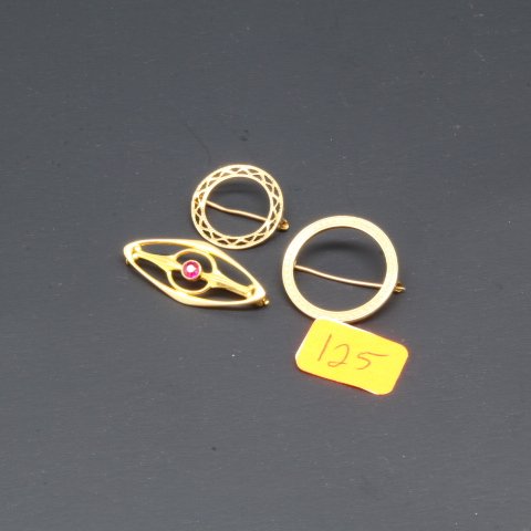 2 10K Gold Circle Pins, 1 10K Gold & Ruby Pin (1 of 1)