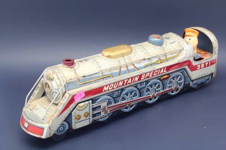 Vintage Marx Mountain Special 3671 Tin Lithograph Toy: Vintage Toy Train w/ great graphics & plastic train conductor man with red hat