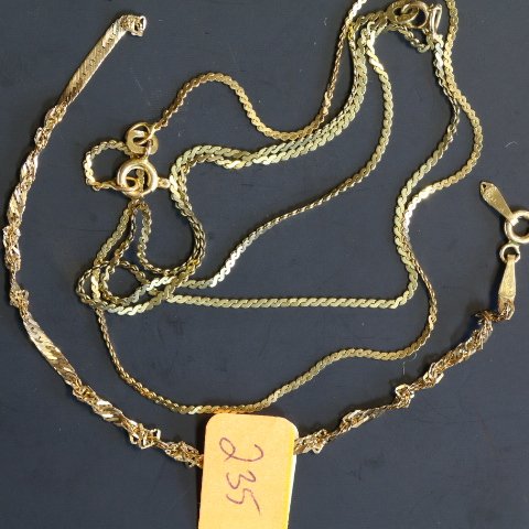 2 14kt Gold Chain Bracelets & Anklet: 3 pc lot, all 14kt gold, 8.5” anklet, 7” 2 chain bracelet, 5.5” bracelet (needs repair)