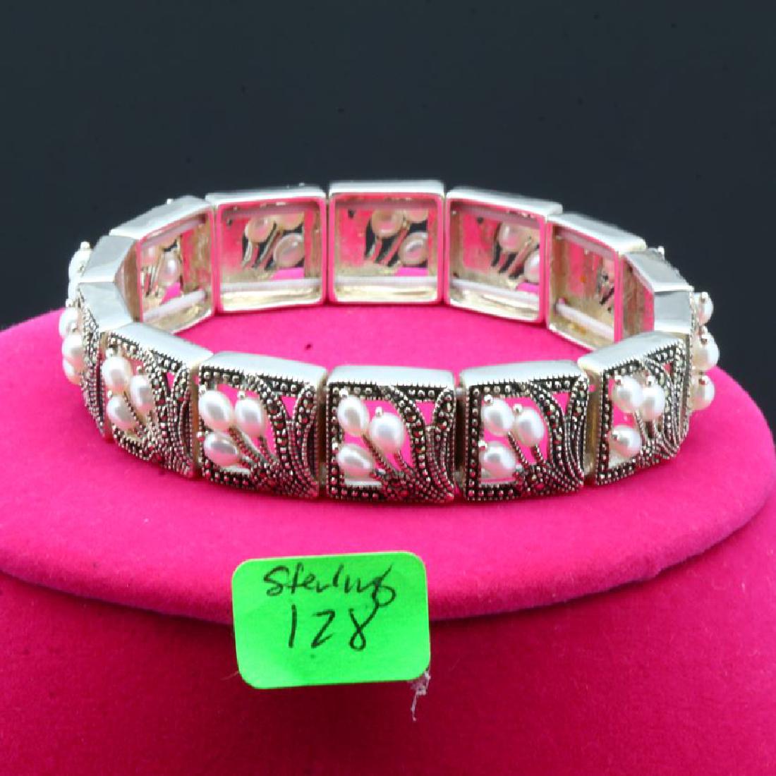 Sterling Silver Marcasite Pearl Stretch Link Bracelet (1 of 1)