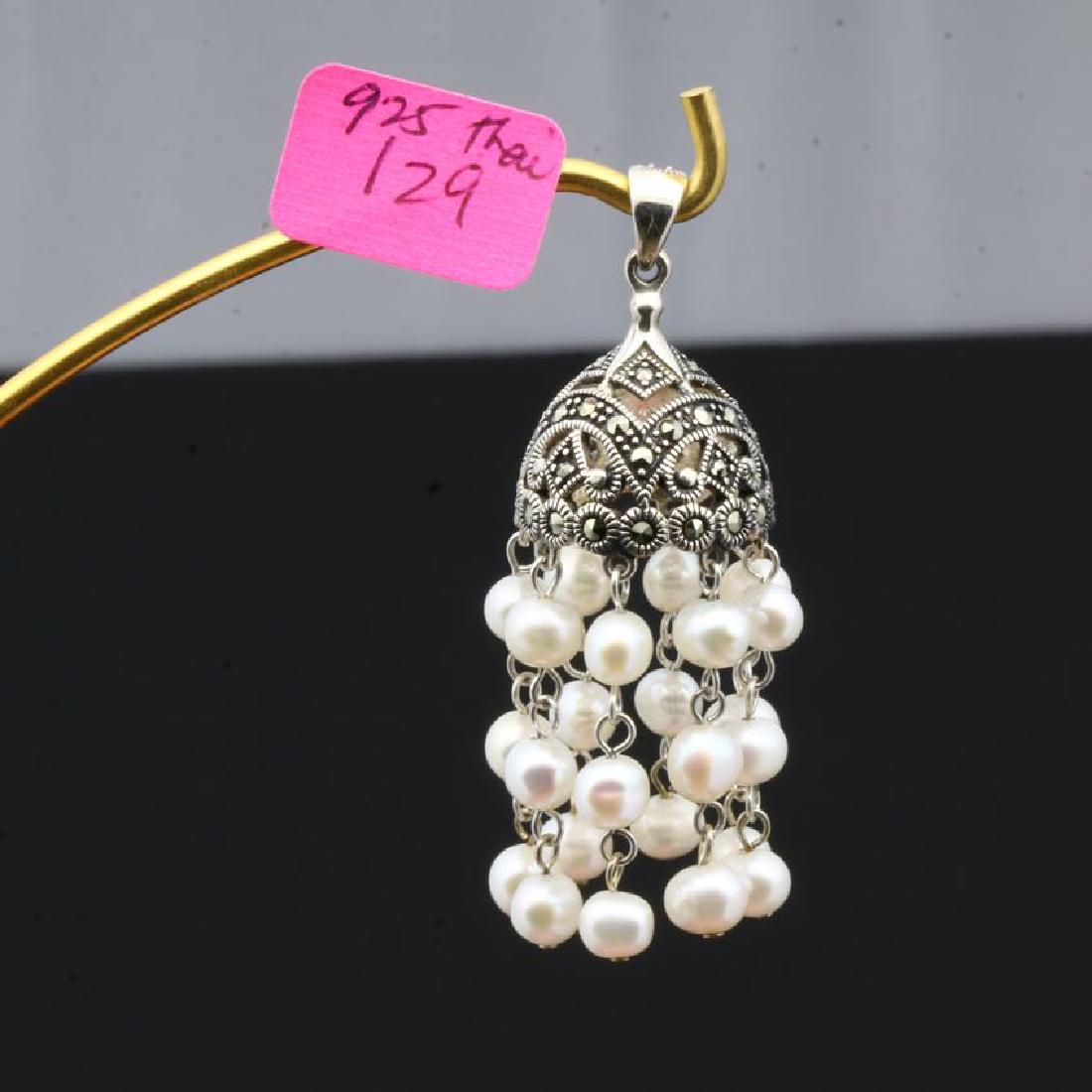 Sterling Silver Marcasite Pearl Tassel Pendant: Marked 925 A Thailand, 2" long