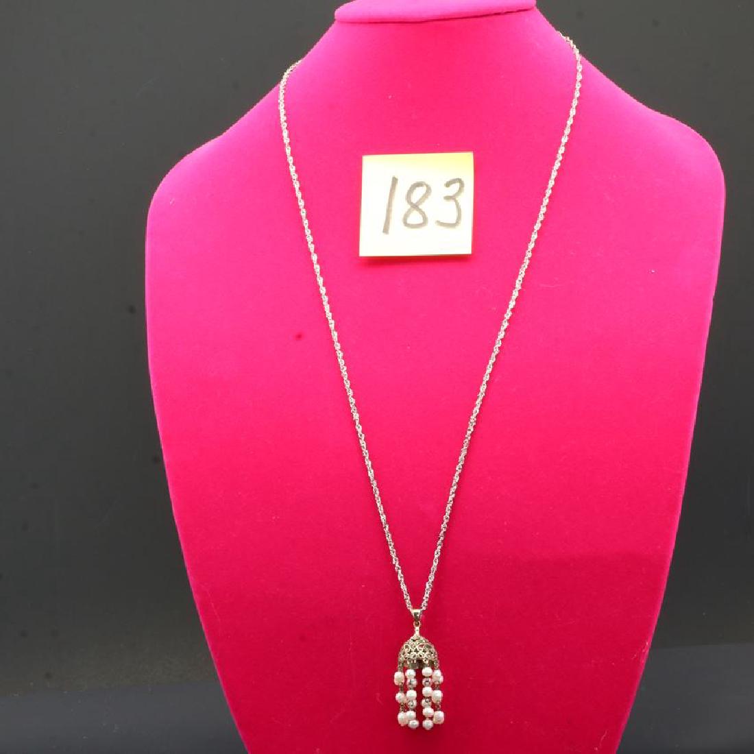 Sterling Silver Marcasite Pearl Tassel Pendant 30": Tassel Marked 925 A Thailand, 2" long : bright cut rope chain necklace marked 925 A Italy, 30" long
