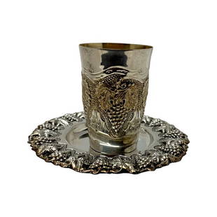 Sterling Silver Judaica Kiddush Cup With Tray.: Sterling Silver Judaica Kiddush Cup With Tray, Total weight 143 gramcup height 8.5 cm ,plate approximately 13 cm diameter.