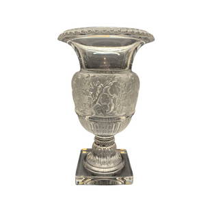 Large Lalique Crystal 'Versailles' Vase .: Lalique Crystal 'Versailles' Vase Footed baluster form having a grapevine frosted band and a carved egg and dart border, set on square clear plinth. Signed at the bottomCondition: Very Good, Small