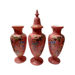 A Fine Opaline Bristol Glass Mantel Set.: A Fine Opaline Bristol Glass Mantel Set ,circa 1900. Consisting of an opaline covered urn and two vasesGood Condition Size : Height urn 20 inches, vases 15 inches