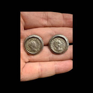 Ancient Roman coins Silver Denarius Cufflinks.: Caracalla & Elagabalus Roman Silver Denarius Cufflinks,Period, ca. 1st to 2nd century CE. Left coin: Caracalla 198 to 217 CE. Right coin: Elagabalus, 218 to 222 CE, set into modern sterling silver