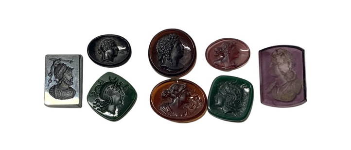 Lot of 8 Elegant Colored Glass Intaglio.: Lot of 8 Elegant Colored Glass Intaglio, approximately size : 2.5cm -1.9cm