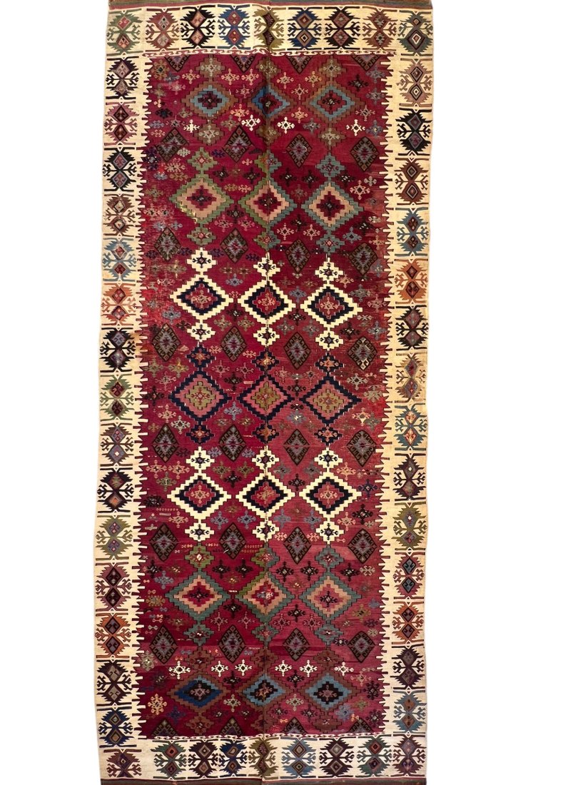 Extremely Fine Rahanyan Turkish Aleppo Kilim Mid 19th Century: Extremely fine Rahanyan Turkish Aleppo Kilim. Mid 19th Century. Size: 368 cms x 150 cms (145ins x 59ins). Please note: this Lot can be viewed in person at The Oriental Rug Gallery Ltd 82 Wey Hill, Has