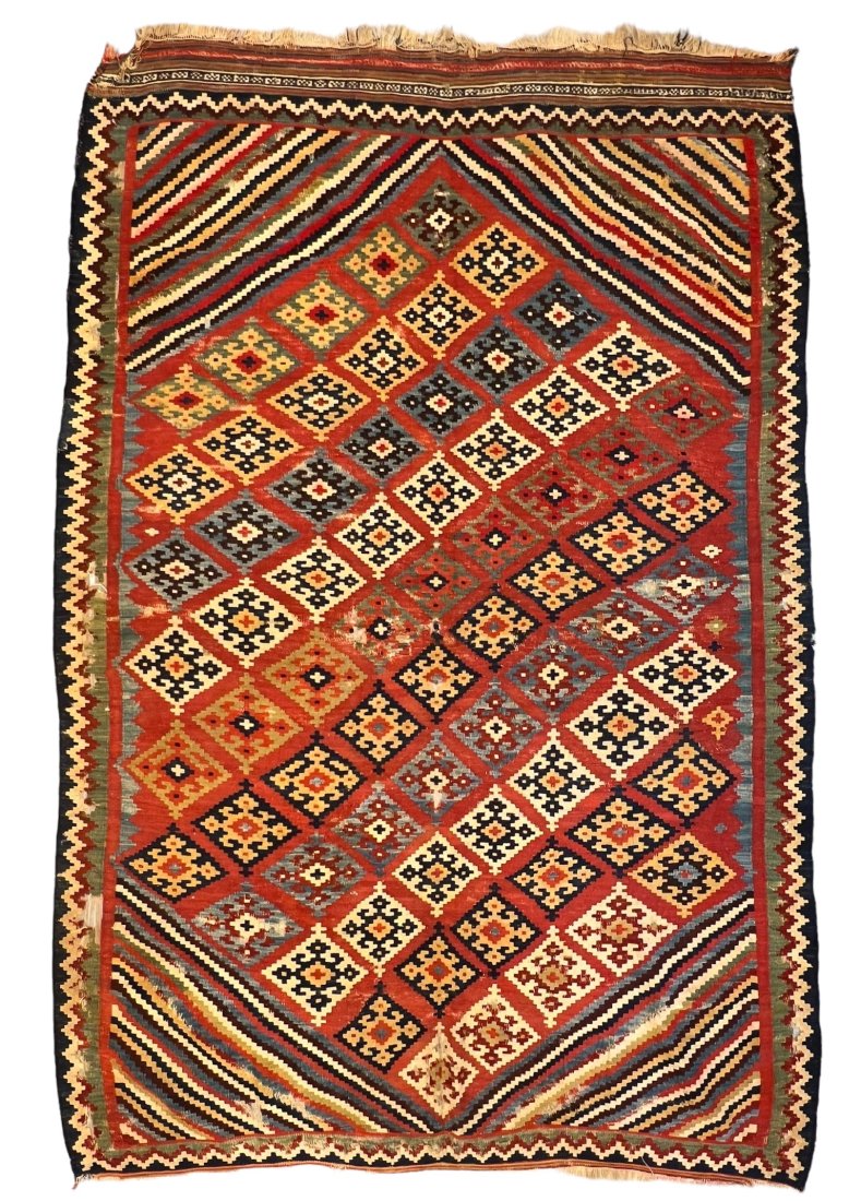 Antique Qashqai Kilim Last Quarter 19th Century: Antique Qashqai Kilim. Last Quarter 19th Century. Size: 250 cms x 169 cms (98ins x 66ins). Please note: this Lot can be viewed in person at The Oriental Rug Gallery Ltd 82 Wey Hill, Haslemere, Surrey 