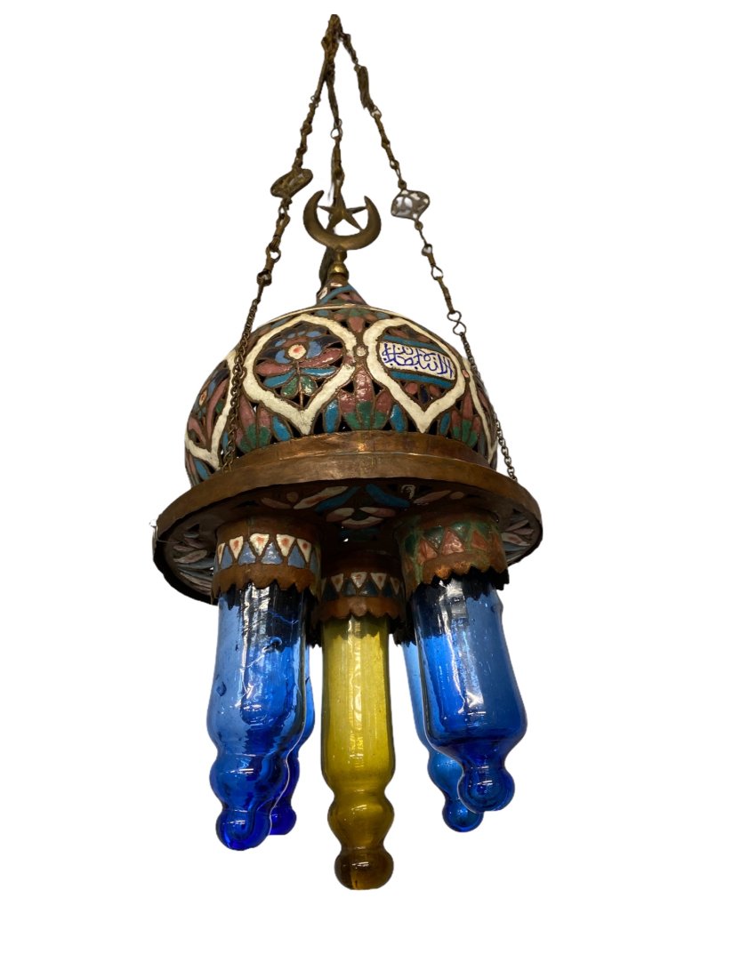 Antique Islamic Syrian Enamel on Copper Lamp hand-crafted by Saraf Family Late 19th Century (1 of 7)