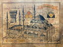 Antique Illuminated with Gold Turkish Ottoman Watercolour Technical Drawing of Blue Mosque