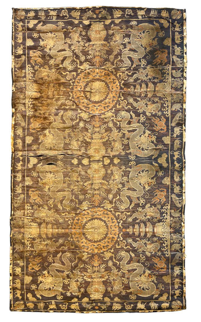 Large Silk & Metal Thread Chinese With Illustrated Rare Zodiac border Panel Midd 19th C (1 of 15)
