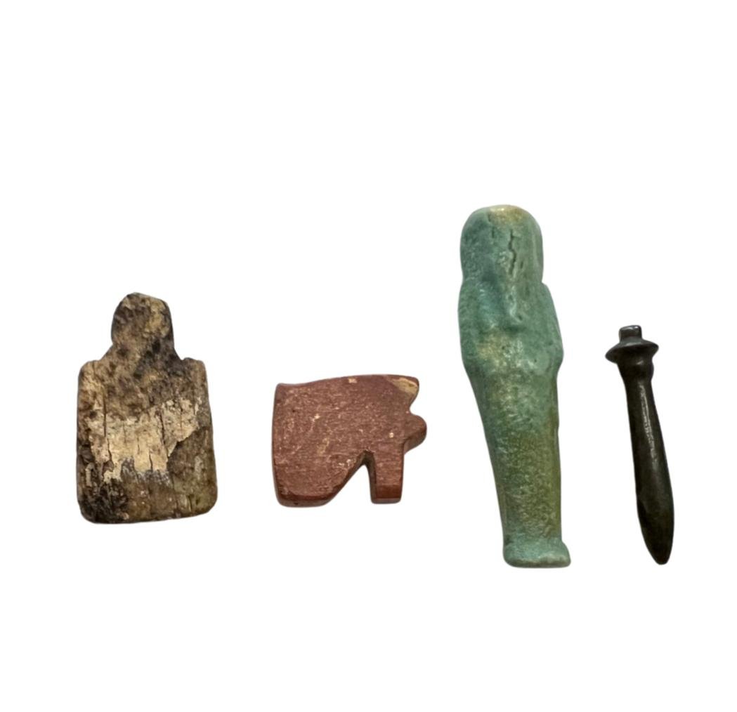 Group of 4 Egyptian Amulet .: Group of 4 Egyptian Amulet include small Ushabti, late period 300 BC. Size: 5.5 cm - 2.5 cm Ex NY Collection