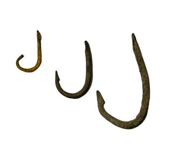 3 Roman bronze fish hooks,: 3 Roman bronze fish hooks, 1st - 2nd Century AD. Nice sharp barb and attractive patination. Size:5 cm - 2.5 cm Ex private NY collection.