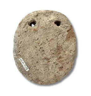 A Tell Brak Terracotta Eye Idol: Near eastern A Tell Brak Terracotta Eye Idol, Middle Uruk Period, ca. 3700 to 3500 BCE, with two circular perforated "eyes, and a beautiful earth patina. Size: 10.5 cm x 8 cm Ex private NJ