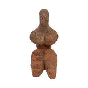 A lovely Tel Halaf fertility figure: A lovely ancient Tel Halaf fertility figure, c. 6th - 5th Millennium BC, the stylized seated female is depicted with a narrow bird-like head surmounted by a wrapped headdress, her knees drawn upward