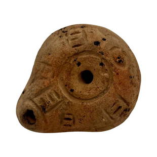 Ancient Egyptian Terracotta 'FROG' oil Lamp.: Ancient Egyptian Terracotta 'FROG' oil Lamp,Egypt, circa 30 BC - 100 AD Roman period ceramic 'frog' type oil lamp. Ovoid body with short nozzle and rounded spout. Incised decorations on the bottom and