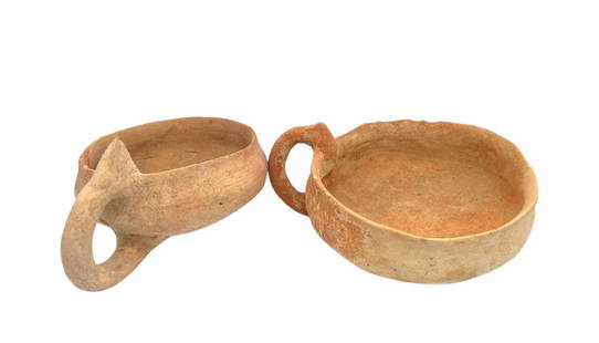 2 Ancient Holy land Bronze Age Terracotta Cups.: Lot of 2 Holy land Bronze Age Terracotta Cups, circa 1550 - 1200 BC, the single handle with pointed top, base rounded with near vertical walls. Size: 14 cm - 12cm approximately Ex Private