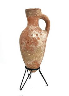 Ancient Holy Land Iron Age Pottery Jug.: Ancient Holy Land Iron Age Pottery Jug, circa 1000 BC - 600BC. with a side loop handle. intact Size: 18 cm x 7.5 cm without the stand Provenance: Ex-private NJ collector acquired From