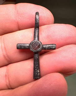 Ancient Byzantine Bronze Cross: Ancient Byzantine Bronze Cross c.6th century AD. length. Fine cast bronze cross with suspension loop. Choice patina. Provenance: Ex NJ Collection.