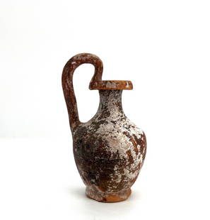 Ancient Roman clay miniature Jug.: Ancient Roman clay miniature Jug, circa 1st to 3Rd century AD, nice decoration and patina, intact Size: Size: 10 cm x 5 cm Provenance: Ex NJ Collection.