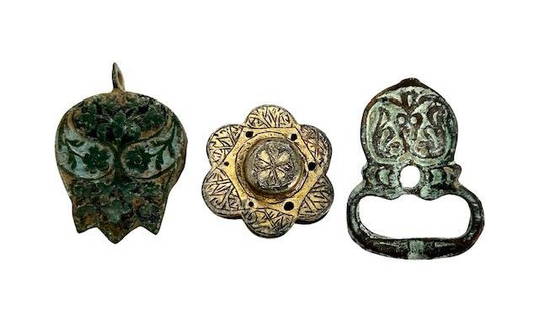 Group of Ancient Roman Enamel Amulet: Lot of 3 Ancient Roman Enamel Bronze amulet and buckle c. 4th century AD. Ex NJ private collection Size: 4 cm approximately