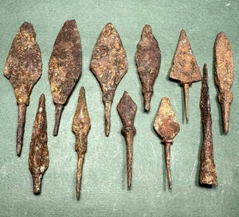 Lot of 11 Roman Iron Arrow Heads: 11 Roman Iron Tanged Arrow Heads dated 1000/500 A.D. Provenance: Ex private NJ collection. Size: 8.5 cm x5 cm