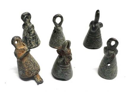 Lot Of 6 Ancient Roman Bronze Bells: Lot Of 6 Ancient Roman Bronze Bells, c.1st - 2nd century AD. size: 3 cm -2 cm approximately , Ex Private Ex NJ private collection