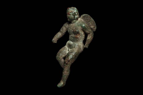 Ancient Roman Bronze Eros.: Roman Bronze Eros ,Ca. 2nd-3rd century A.D. Solid cast bronze winged Eros, depicted flying, with his legs in an uplifted position and having a curly hairdo. Overall deep green surface patina with scat