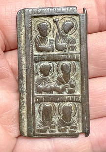 Ancient Byzantine Bronze Icons.: Ancient Byzantine Bronze Icons c.8th-10th cent AD. bronze Icon fragments with 6 Saints within borders. choice patina. Size:5.5 cm x 3 cm Provenance: Ex NJ Collector Jay Cannata Around.