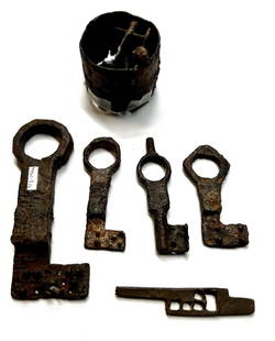 Group of ancient Roman Iron keys Lock: Group of ancient Roman Iron keys ,ca. 1st to 3rd century ,iron ring with an extended table terminating in a rectangular key-shaped end. Such rings were worn so that the key to important locked items w