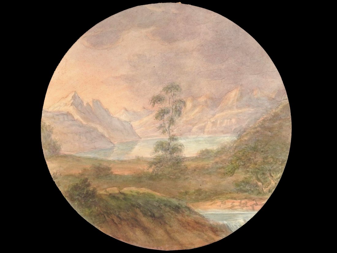 Gerhard Sipmann, Watercolor And Color Pencil Landscape Painting In Round Tondo Design: Antique 1830s German Art Sketch Drawing On Paper By Gerhard Sipmann, Watercolor And Color Pencil Landscape Painting In Round Tondo DesignANTIQUE 19TH C GERMAN PAINTING BY GERHARD SIPMANN. Watercolor a