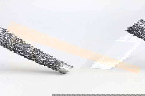 Antique Chinese Export Silver Umbrella Parasol Handle, Celestial Dragon, Bamboo And Crane Pattern: An Early 20th Century Chinese Exports High Grade Silver Repousse Umbrella Handle. Fully Ornate With Celestial Dragon, Bamboo Forest And Cranes For Longevity And Good Luck. Rich Details. Patina And