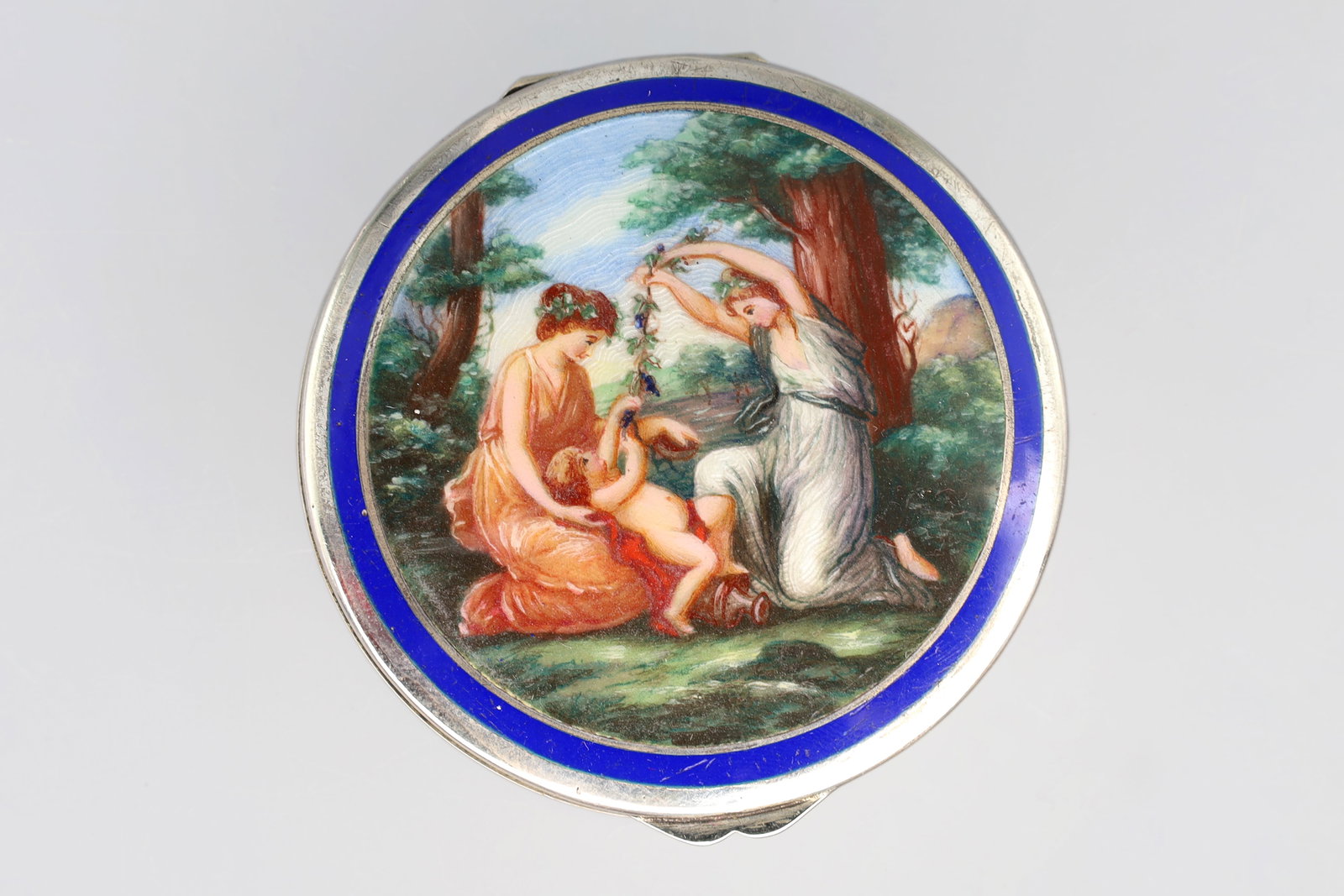 Vintage Italian 800 Silver Pill Box With Hinged Lid, Romantic Enameled Painting (1 of 4)
